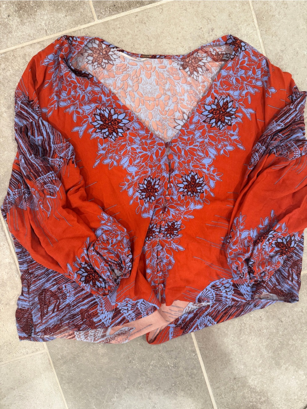 Free People Red Floral V-Neck Boho Tunic